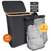 Goliving Wassorteerder 3 Vakken - 150L - Opvouwbare Wasmand Met Deksel - 3 Uitneembare Zakken Met Kleurlabels - 57 x 37 x 66 cm - Zwart