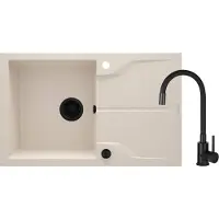 Deante Granieten spoelbak, beige kleur, met één kom, inclusief kraan Nero en afvoerbak, inbouwmodel, flexibele toevoer, complete set voor de keuken
