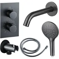 FortiFura Calvi Badkraan set - uitloop - 22cm inkortbaar - gladde slang - ronde handdouche - inbouwdeel - wandhouder - geborsteld gunmetal PVD SW721165/SW766536/SW799451/SW1122514/SW1159495