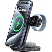 Caliber 3 in 1 Draadloze Oplader - Oplaadstation - 22,5W Snellader Qi2 Gecertificeerd - 30W USB C Adapter - Geschikt voor Smartphones, Apple Watch, Draadloze Oordopjes - Opvouwbaar - Zwart (PSQ-3A)