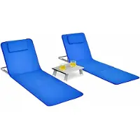 Zenzee Strandstoel - Set van 2 - Met klaptafel – Blauw – Ligbed – Zonnebed – Strandmat met rugleuning – Afneembare hoofdkussens