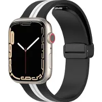 Mobigear Siliconen Watch bandje geschikt voor Apple Watch Bandje Magneetsluiting | Stripe Mag - 42/41/40/38 mm - Zwart / Wit
