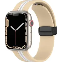 Mobigear Siliconen Watch bandje geschikt voor Apple Watch Bandje Magneetsluiting | Stripe Mag - 49/46/45/44 mm - Wit / Beige