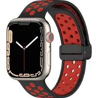 Mobigear Siliconen Watch bandje geschikt voor Apple Watch Bandje Magneetsluiting | Sport Plus Mag - 42/41/40/38 mm - Zwart / Bordeaux Rood