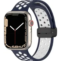 Mobigear Siliconen Watch bandje geschikt voor Apple Watch Bandje Magneetsluiting | Sport Plus Mag - 42/41/40/38 mm - Wit / Marineblauw