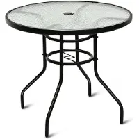 Costway Tuintafel met parasolgat, 80 x 80 x 71 cm, terrastafel met tafelblad van gehard glas en metalen frame, ronde balkontafel, outdoor-eettafel voor terras, tuin, balkon