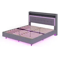 Merax Gestoffeerd Tweepersoonsbed 160x200cm met USB-C Aansluiting en LED Verlichting - Moderne Bed met Versteekte Voeten en Stabiel Metalen Frame - Grijs