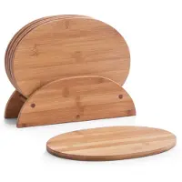 Zeller Broodplankjes met houder - 6x stuks - ontbijtplankjes - bamboe - 24x18 cm - ovaal - snijplanken