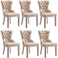 Merax Set van 6 Eetkamerstoelen – Beige Velvet Stoelen met Deurklopper en Houten Poten – Luxe Designstoelen met Nagelkopafwerking