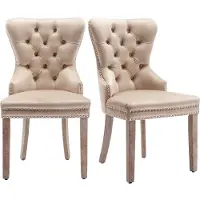 Merax Eetkamerstoelen Set van 2 – Beige Velvet Stoelen met Deurklopper Design & Nieten – Massief Houten Poten – Antieke Stijl
