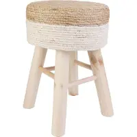 WDMT Ronde Jute Kruk - Ø 30 x 42 cm – Houten Kruk - Bohemian Krukje met Houten Poten – Multifunctioneel voor Woonkamer, Slaapkamer & Hal – Duurzaam Krukje - Bruin/Wit