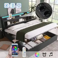 Merax Gepolsterd tweepersoonsbed met oplaadbare USB-oplader, opbergruimte hoofdeinde en LED-verlichting, tweepersoonsbed 160x200 cm opbergbedden bedframe, houten lattenbodem, grijs (zonder matras)