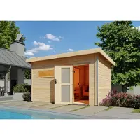 Karibu Saunahuis, buitensauna, tuinsauna, model Skrollan, 3 personen, onbehandeld, zonder accessoires, 38 mm massief hout, 396x231x227 cm, met deur van melkglas