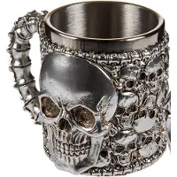 Out of the blue Koffiemok beker met doodskop - zilver - rvs - 16 x 11 cm - Bikers - 400 ml