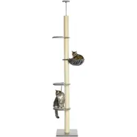 PawHut Paws kattenboom met hangmat, inclusief plafondspanner, plafondhoogte, 40 cm x 40 m x 250 cm, grijs+ crèmewit
