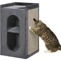 PawHut Krabpaal voor katten met 2 kattenholen, 1 liggedeelte, sisal krabmat, pluche, grijs+naturel
