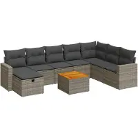 vidaXL 9-delige tuinmeubelset met kussens, grijs, polyrotan