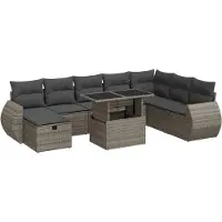 vidaXL 9-delige tuinmeubelset met kussens, grijs, polyrotan