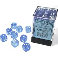 Chessex Borealis D6 12mm Hemelsblauw/wit Lichtgevende Dobbelsteen Set (36 stuks)