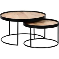 QUVIO Salontafel Sara – Set van 2 – Groot en klein – FSC-gecertificeerd mangohout – Metaal – Zwart – Naturel