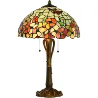 Clayre & Eef Tiffany tafellamp, diameter 40 cm, hoogte 63 cm, beige, bruin glas, bloemenmotief