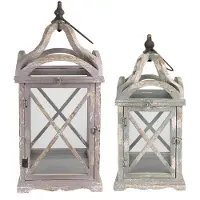 Clayre & Eef Lantaarn set van 2 73/56 cm hout glas kaarsenhouder