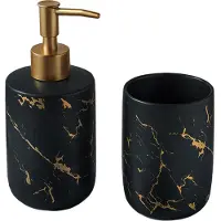 QUVIO Tandenborstelhouder met zeepdispenser - Zwart met goud
