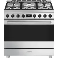 Smeg Fornuis met Gas Kookplaat Fornuis, 90x60 cm, Classici, Sinfonia, Roestvrij staal, Type kookplaat: Gas, Type primaire oven: Thermogeventileerd, A