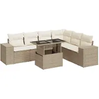 vidaXL 7-delige tuinmeubelset met kussens, beige, van polyrotan