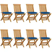 vidaXL Klapstoelen met blauwe kussens, 8-delig, massief teakhout