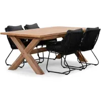 BUITEN living Riga/Portofino zwart dining tuinset | 4 personen | teakhout + touw | 200cm