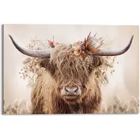 Praxis Schilderij Highlander In Bloemen Schotse Hooglander - Flora - Deco Panel 90x60 Cm Hout Beige