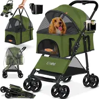 LOVPET Hondenbuggy 2in1 Huisdieren Wandelwagen Buggy met Transporttas Opvouwbaar tot 20 kg Hondenwandelwagen met Gaasramen & Regenhoes Jogger Kattenbuggy voor Kleine Honden Katten Hondenbox - Khaki