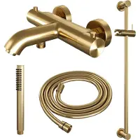 Brauer Edition Badthermostaat Met Badset En Glijstang - Staafhanddouche - Geborsteld Goud PVD - Messing - Kranen, Douchekranen, Douchesets, Opbouw - Kranen, Douchekranen, Douchesets, Opbouw