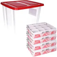 Sunware Opbergbox - 3x - voor 64 kerstballen - 45 liter - rood deksel - kerstversiering opruimen - opbergen