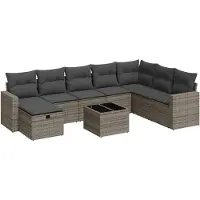 vidaXL 9-delige tuinmeubelset met kussens, grijs, polyrotan