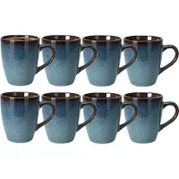 Excellent houseware Koffiemokken Pompei - 8x stuks - Keramiek - blauw - 350 ml - 9 x 11 cm - old stone look