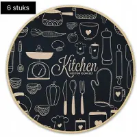 Tragar Set Van 6 Premium Placemats - Ronde Placemats - Antislip Placemat - Onderlegger - Onderzetter - 6 Stuks - Diameter 38 cm - Zwart