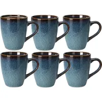 Excellent houseware Koffiemokken Pompei - 6x stuks - Keramiek - blauw - 350 ml - 9 x 11 cm - old stone look
