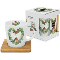 Ppd Mok Robin Heart nature met houten onderzetter - - porselein -acacia onderzetter - kado - kadoverpakking - kerst