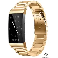 Strap-it Stalen schakel bandje - geschikt voor Fitbit Charge 3 / Charge 4 (goud)
