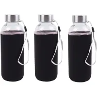 Benson Drinkfles/waterfles - 3x - 420 ml - zwart - glas - met hoes - 6 x 19 cm