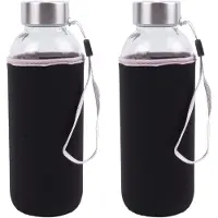 Benson Drinkfles/waterfles - 2x - 420 ml - zwart - glas - met hoes - 6 x 19 cm