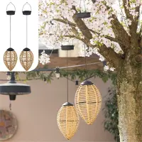 GADGY Solar Hanglampen Buiten – Set van 2 – Rattan Look – LED Solar Tuinverlichting – Warm Licht – Spatwaterdicht – Zonne-energie – Hanglamp Tuin Decoratie