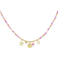 Yehwang Queen of the Sea ketting goudkleur/fuchsia - Zeethema bedels - Roestvrij staal - Nikkelvrij - 38 cm - Ketting met hanger