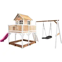 Axi Liam Speelhuis op palen, zandbak, nestschommel & paarse Glijbaan | Speelhuisje voor de tuin / buiten in bruin & wit van hout | Speeltoestel voor kinderen