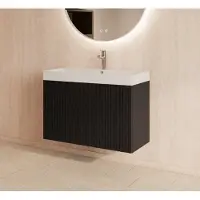 Gliss Design Hybris badmeubel met ribbelfront 80cm black veneer met mat witte wastafel met 1 kraangat Lako