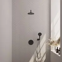 Brauer Black Carving thermostatische inbouw regendouche met 3 standen handdouche, gebogen muurarm en hoofddouche 20cm set 81 zwart mat