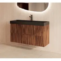 Gliss Design Hybris badmeubel met ribbelfront 100cm walnut met zwarte wastafel met 2 kraangaten Lako