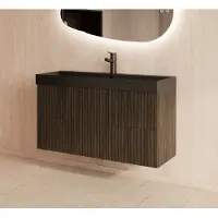 Gliss Design Hybris badmeubel met ribbelfront 100cm charcoal met zwarte wastafel met 2 kraangaten Lako